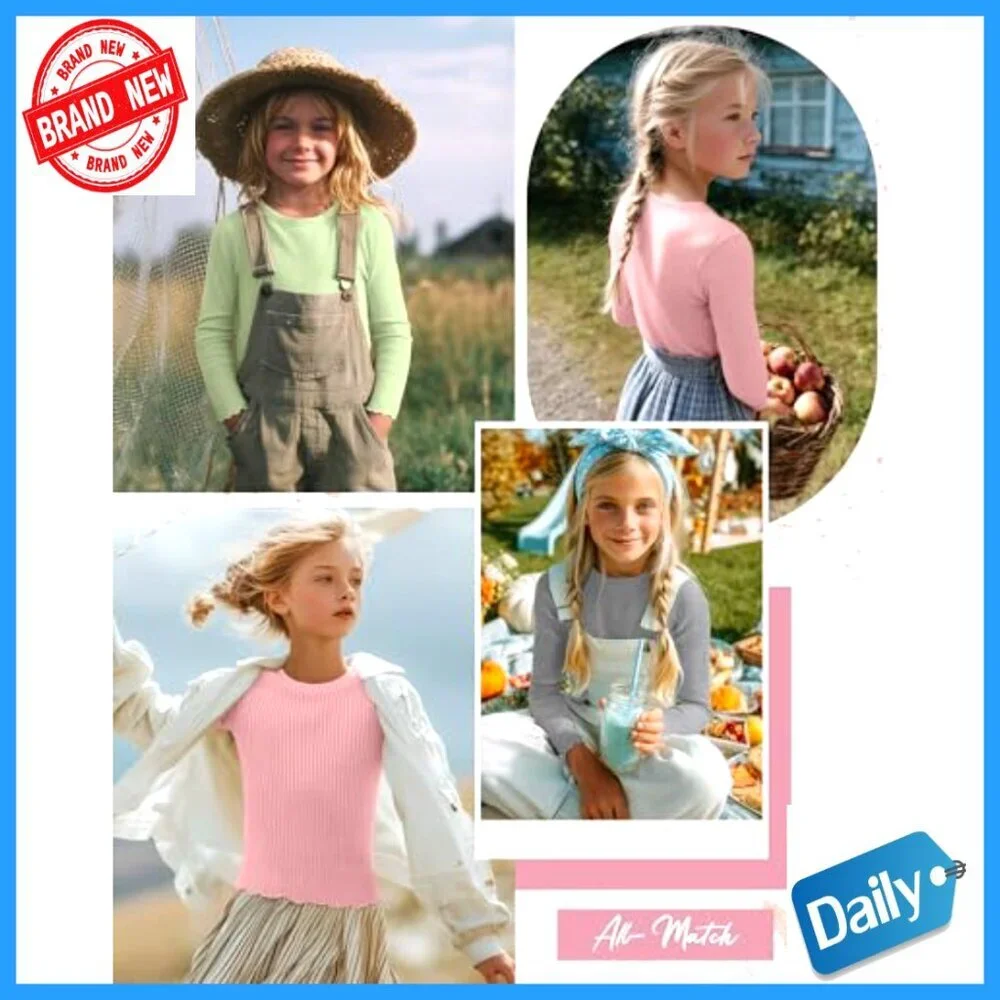 3 Pack Girls Long Sleeve Ribbed Tees Cotton Layering Undershirts Crewneck
